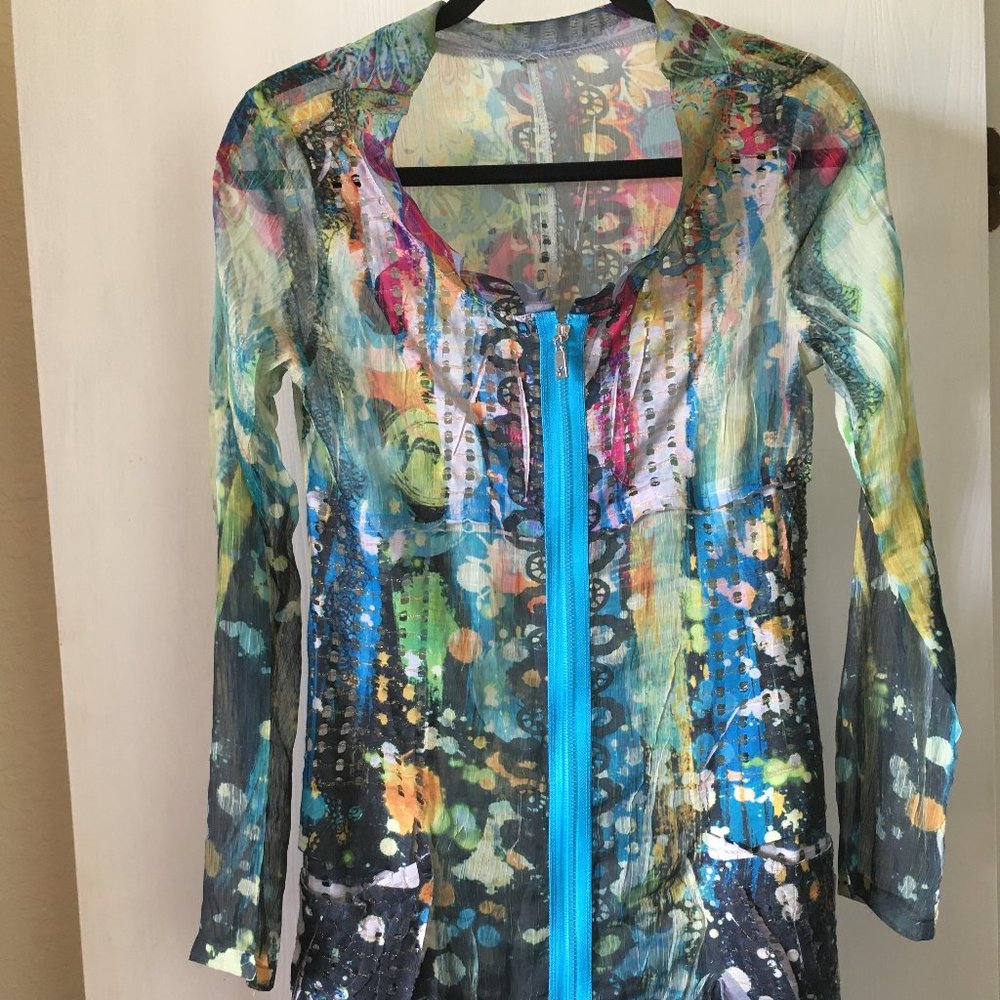 Sheer colorful top with zipper. Size S.